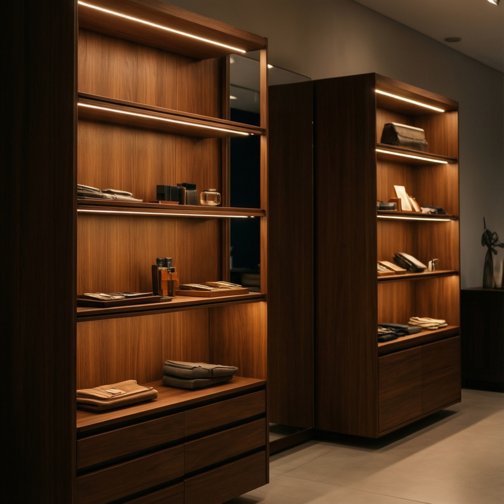 Commercial retail joinery — backlit walnut display shelving with integrated cabinetry