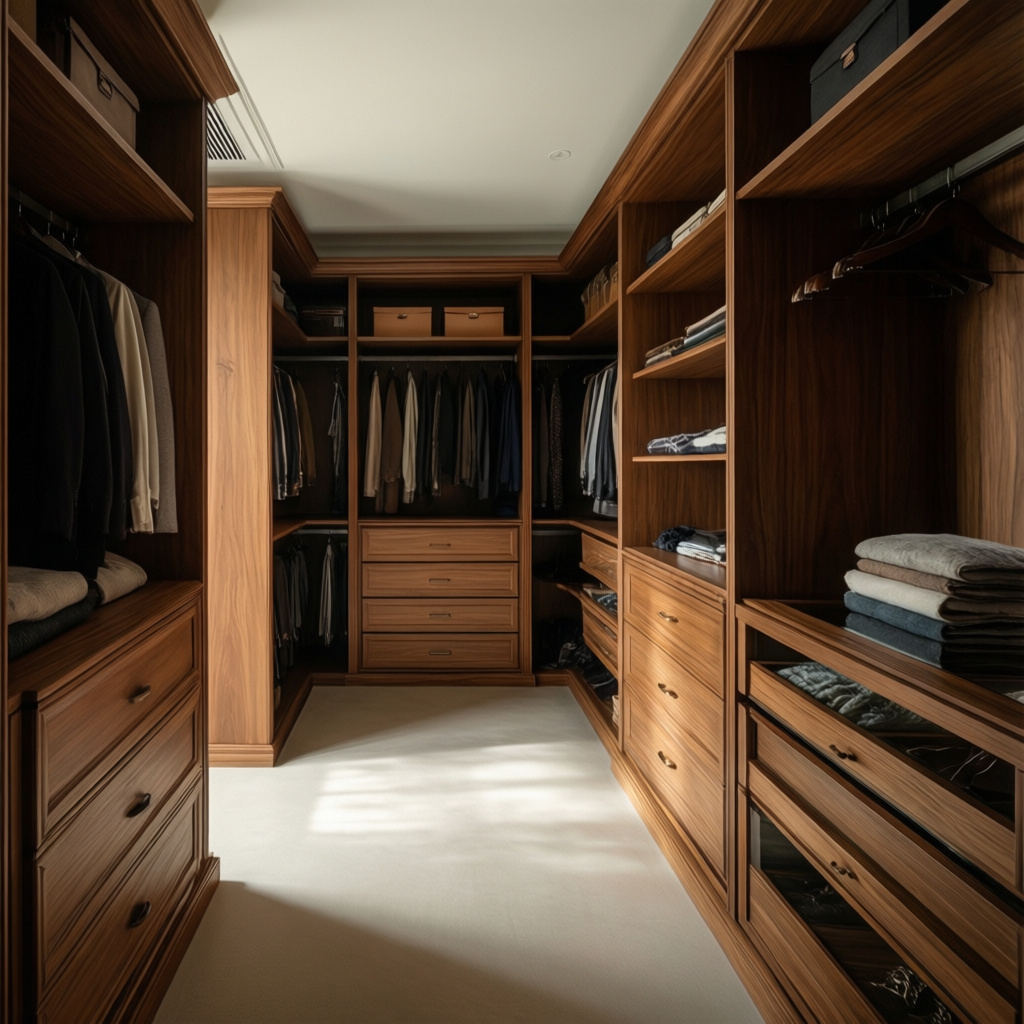 Custom wardrobe design with integrated storage