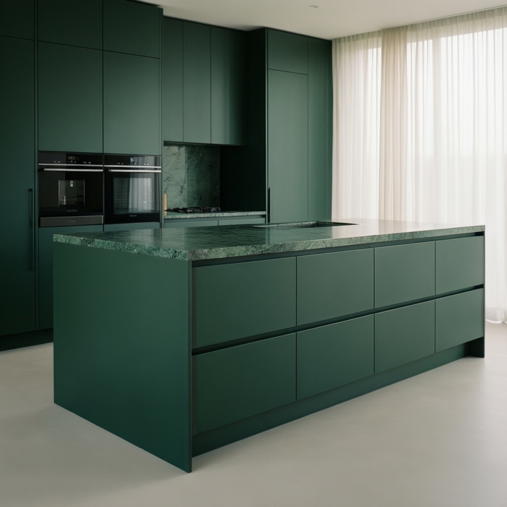 Luxury kitchen installation with marble benchtop and brass pendant lighting