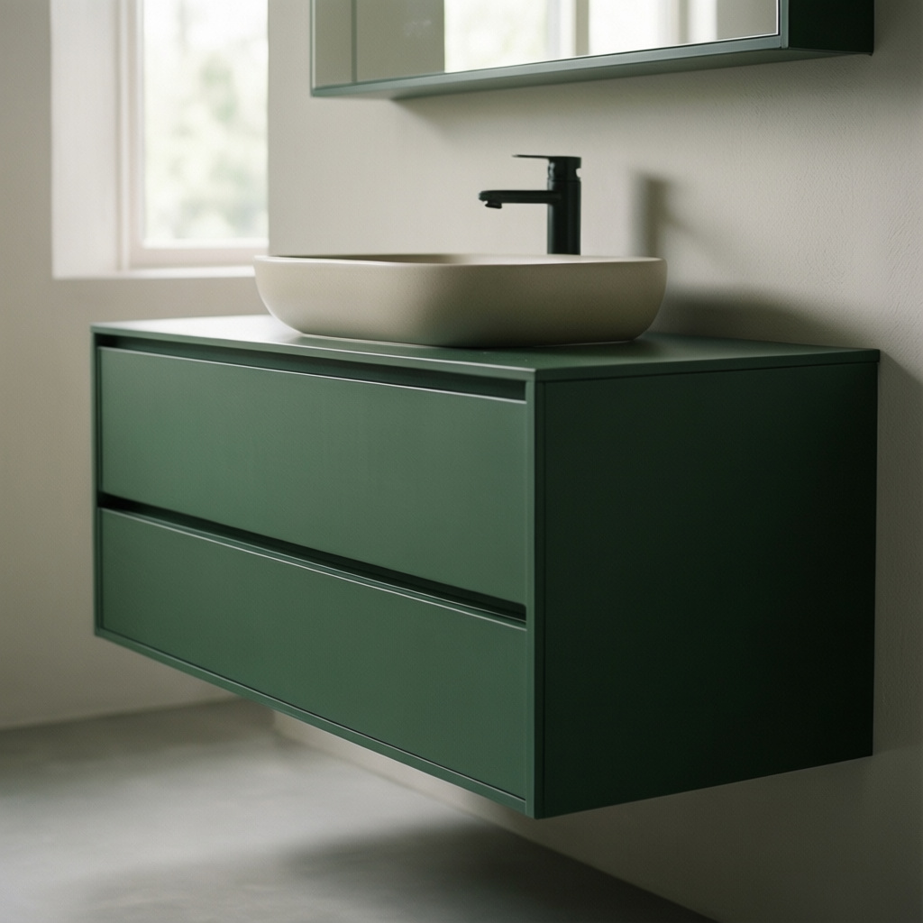 Modern bathroom cabinetry — green floating vanity with wall-mounted basin