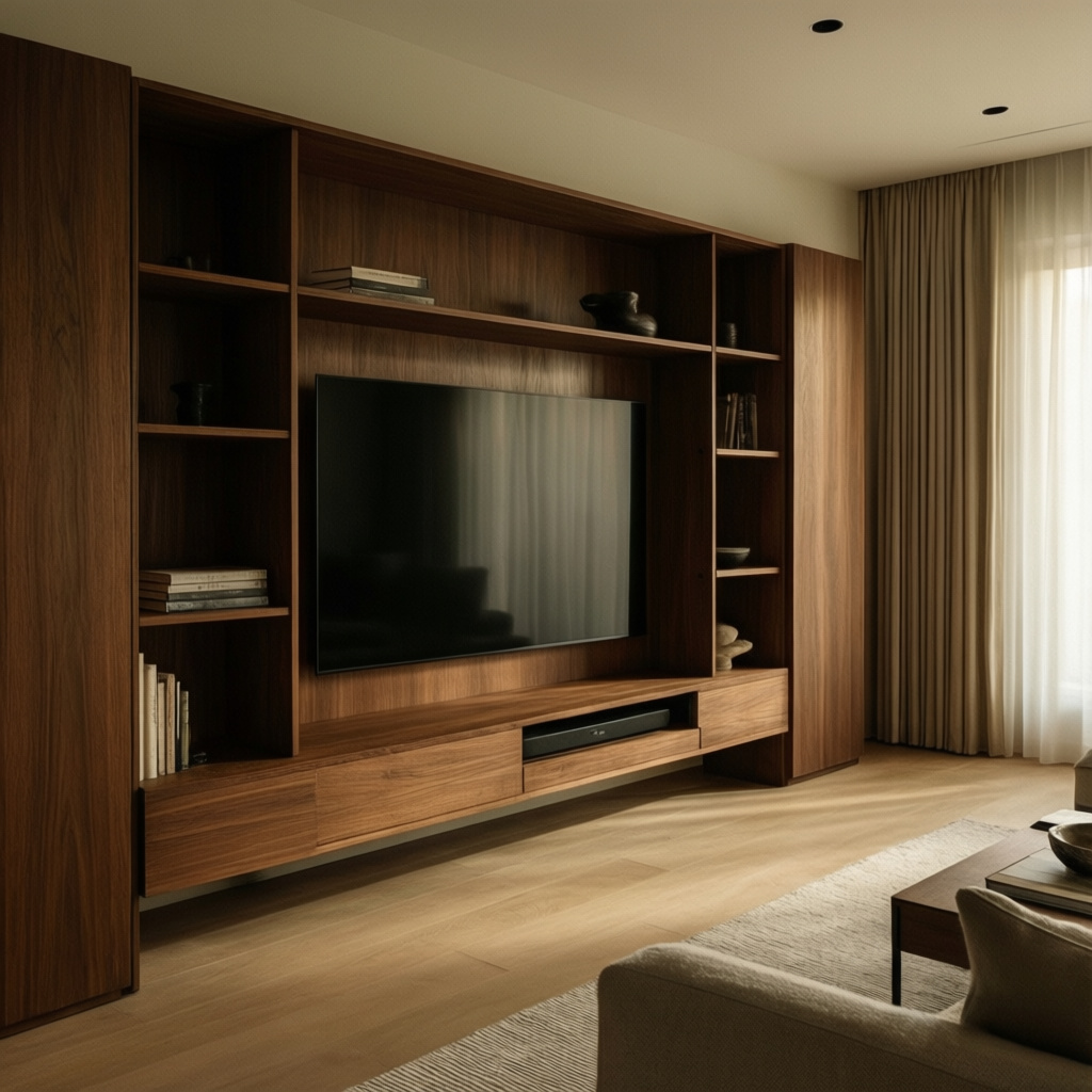 Residential interior joinery — built-in walnut media unit and shelving